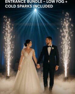 Bride and groom surrounded by wedding effects sparkling spotlight, cold sparks, and low fog